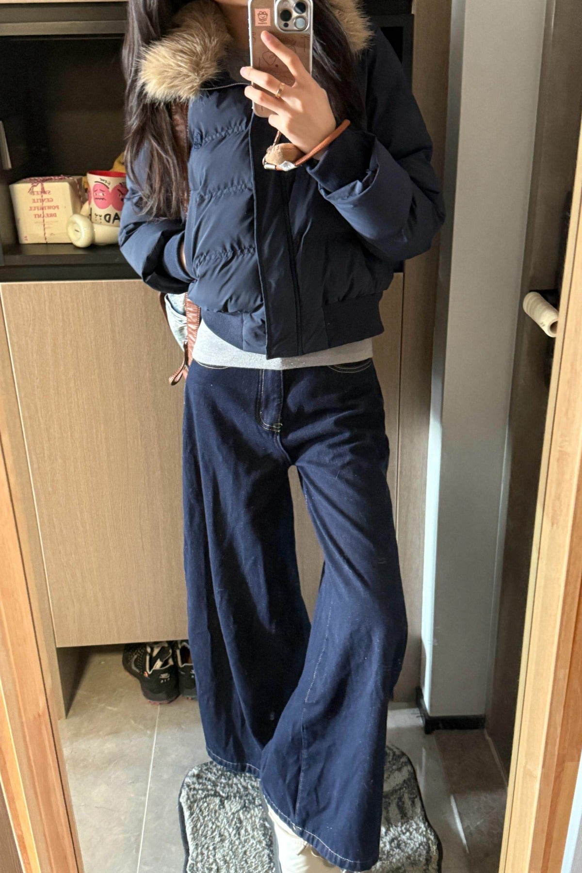 Navy Blue Fur Collar Padded Jacket and Pants Set-Up