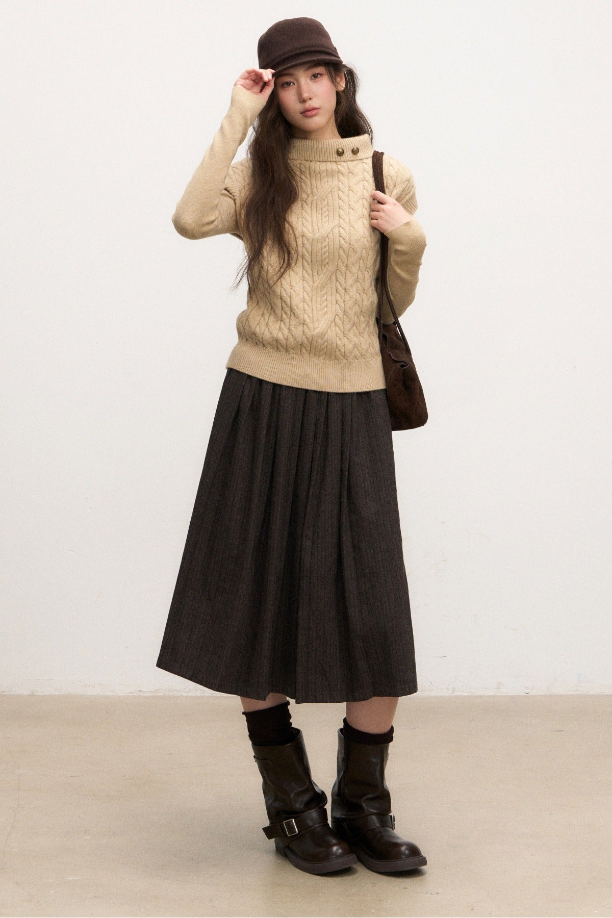 Brown Pleated Skirt and Jacket Set-Up