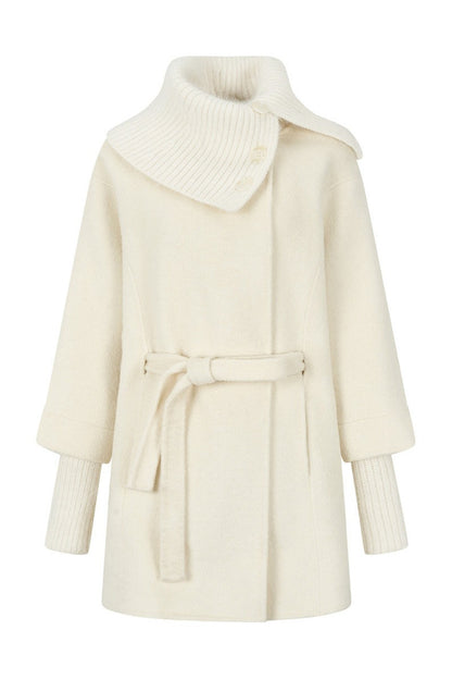Asymmetrical Knit Collar Tie-Up Wool Coat