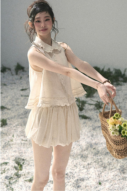 Conjunto de top de encaje francés y falda capullo