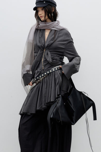 Vestido camisero drapeado plisado asimétrico con bajo de volantes