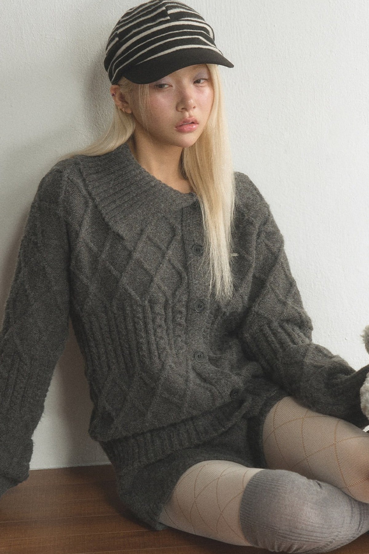 Grey Argyle Knit Cardigan and Shorts Set-Up