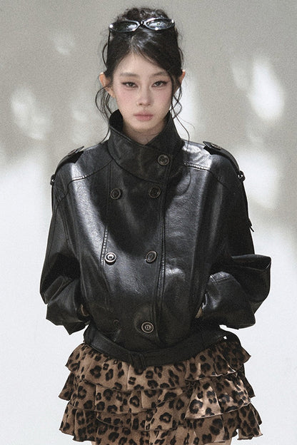 Double-Breasted Stand-Collar Leather Jacket
