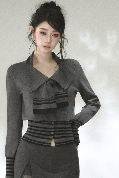 Bow Tie Striped Knit Cardigan