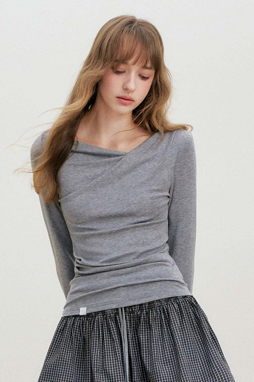 Lyocell Overlapping Pleated Long-Sleeve T-Shirt