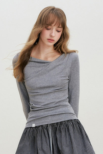 Lyocell Overlapping Pleated Long-Sleeve T-Shirt