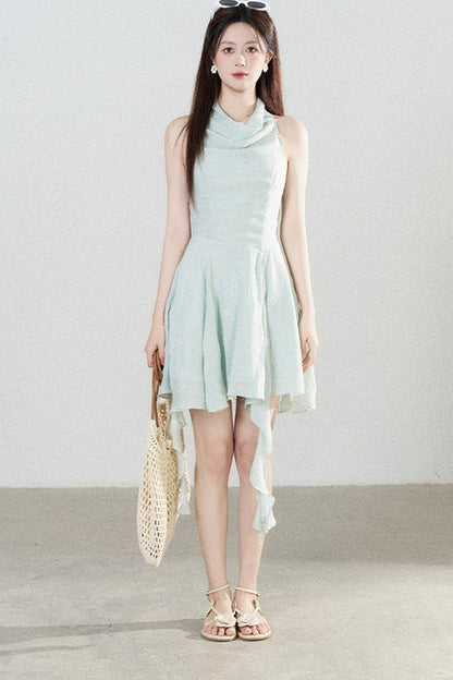 Halter Neck Sleeveless Irregular Hem Ruffle Dress