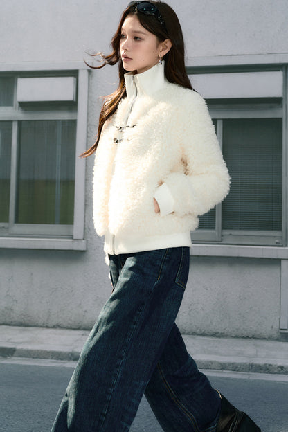 Loose Patchwork Stand-Up Collar Fur Jacket