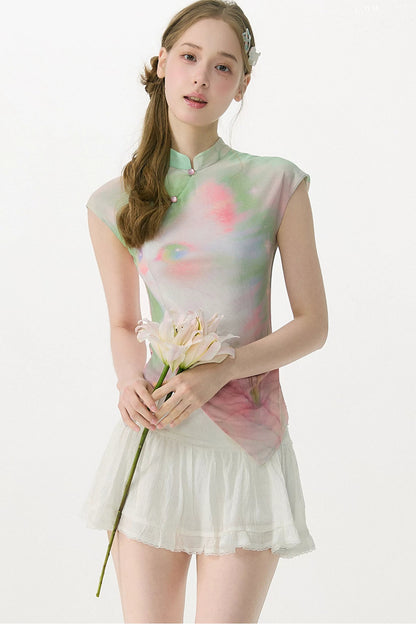 Camiseta de malla degradada con flores de ensueño