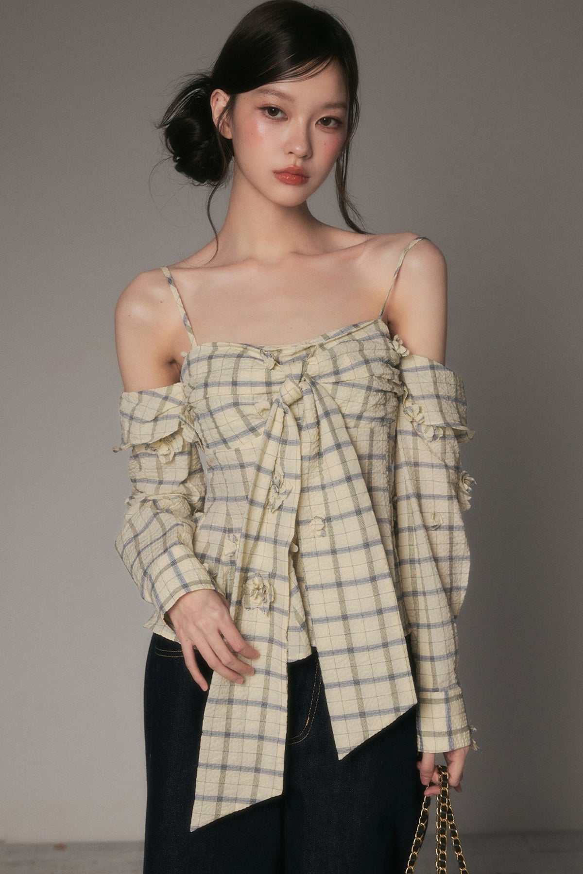 Bow-Tie Plaid Floral Long-Sleeve Tube Top