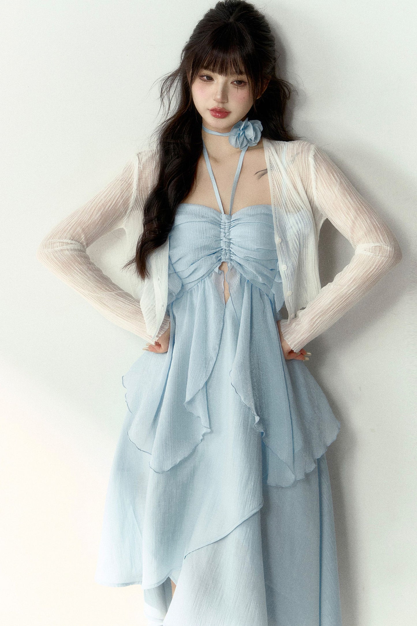 Blue Knitted Outerwear Cardigan