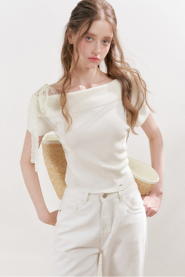 Off-Shoulder Lace Bow Knit Top