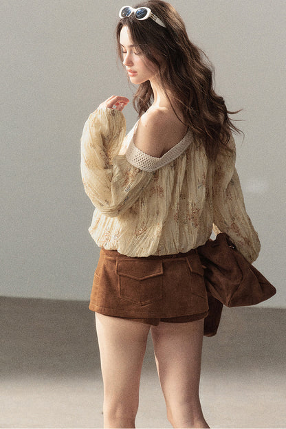 Floral Off-Shoulder Chiffon Cover-Up Blouse