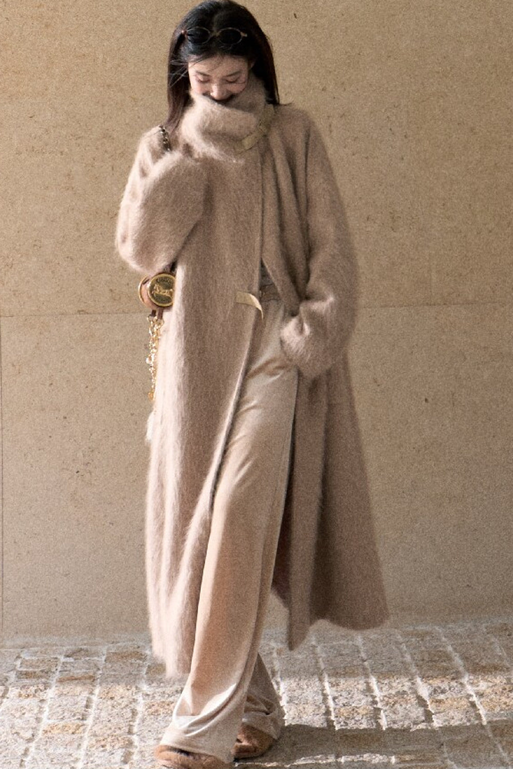 Brushed Cashmere Silk Funnel Collar Coat