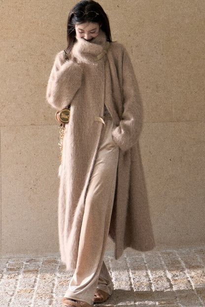 Brushed Cashmere Silk Funnel Collar Coat