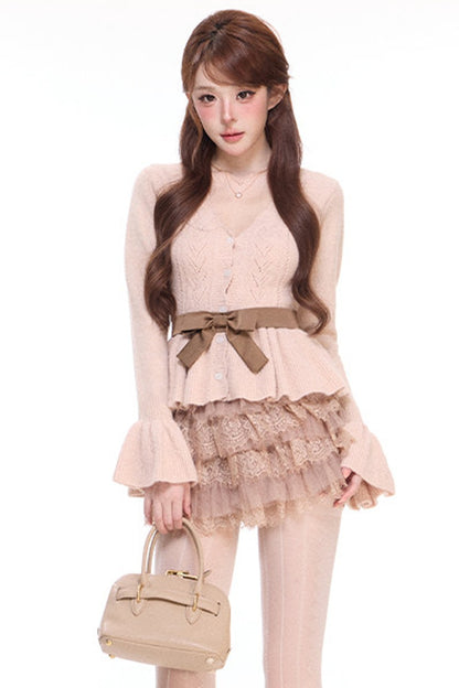 Bell-Sleeve Cardigan and Bow Belt Puffy Skirt Set-Up