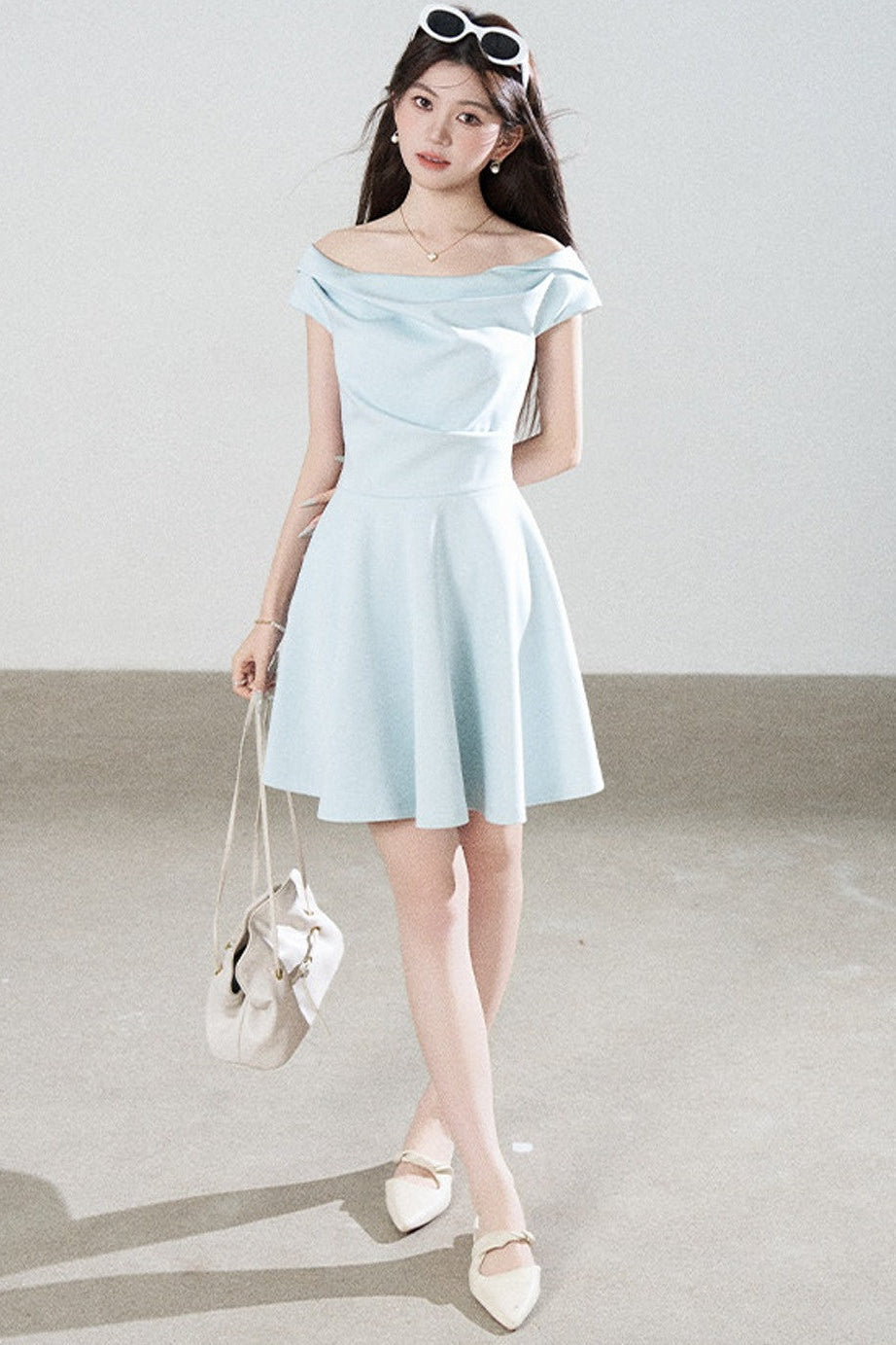 Lake Green Tencel Off-Shoulder A-Line Dress