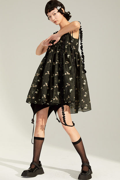 Floral Jacquard Ruffle Strap Dress