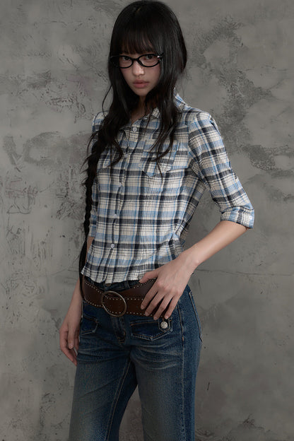 Retro Plaid Short Sleeve Shirt and Pants Set-Up