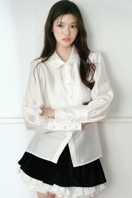 Pleated Tencel Doll Collar Shirt