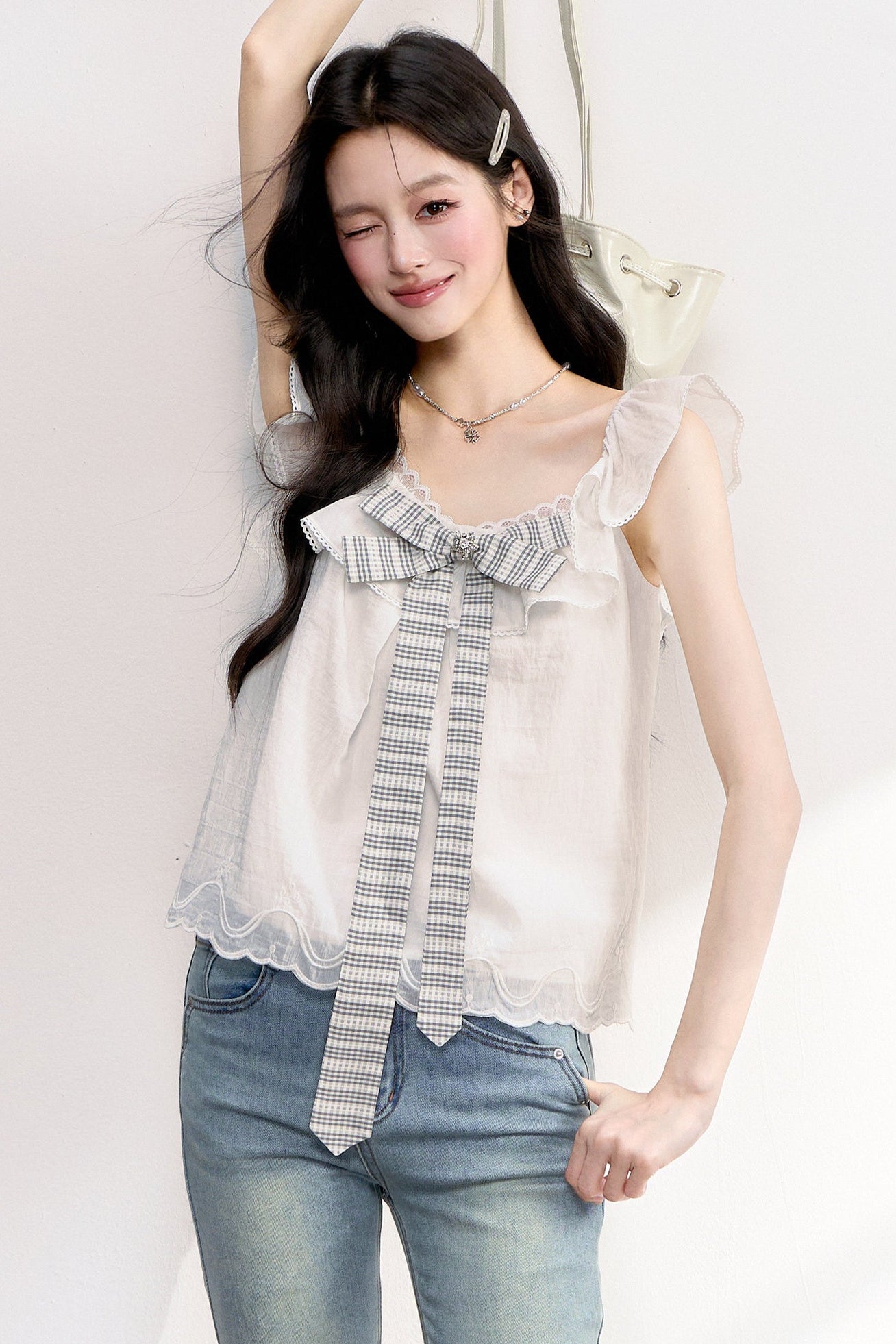 White Plaid Bow Flutter Top