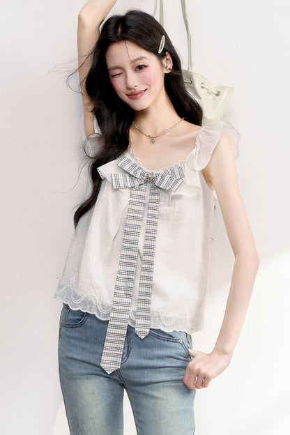 White Plaid Bow Flutter Top