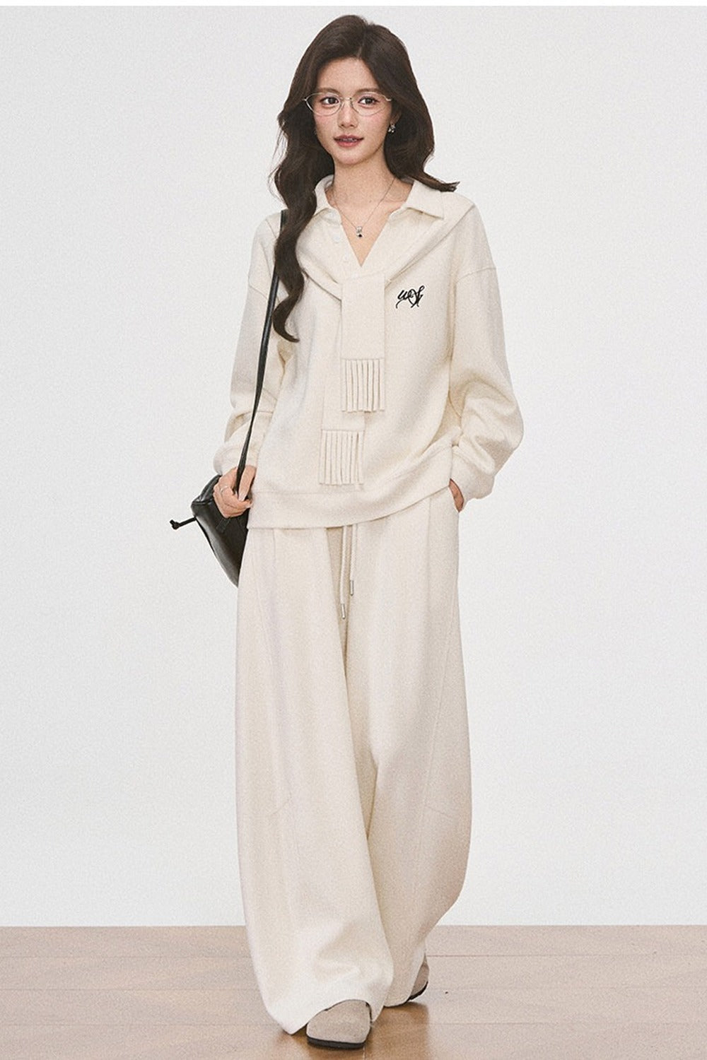 Knit Scarf Sweatshirt and Sweatpants Set-Up