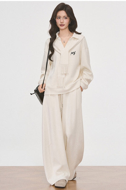 Knit Scarf Sweatshirt and Sweatpants Set-Up