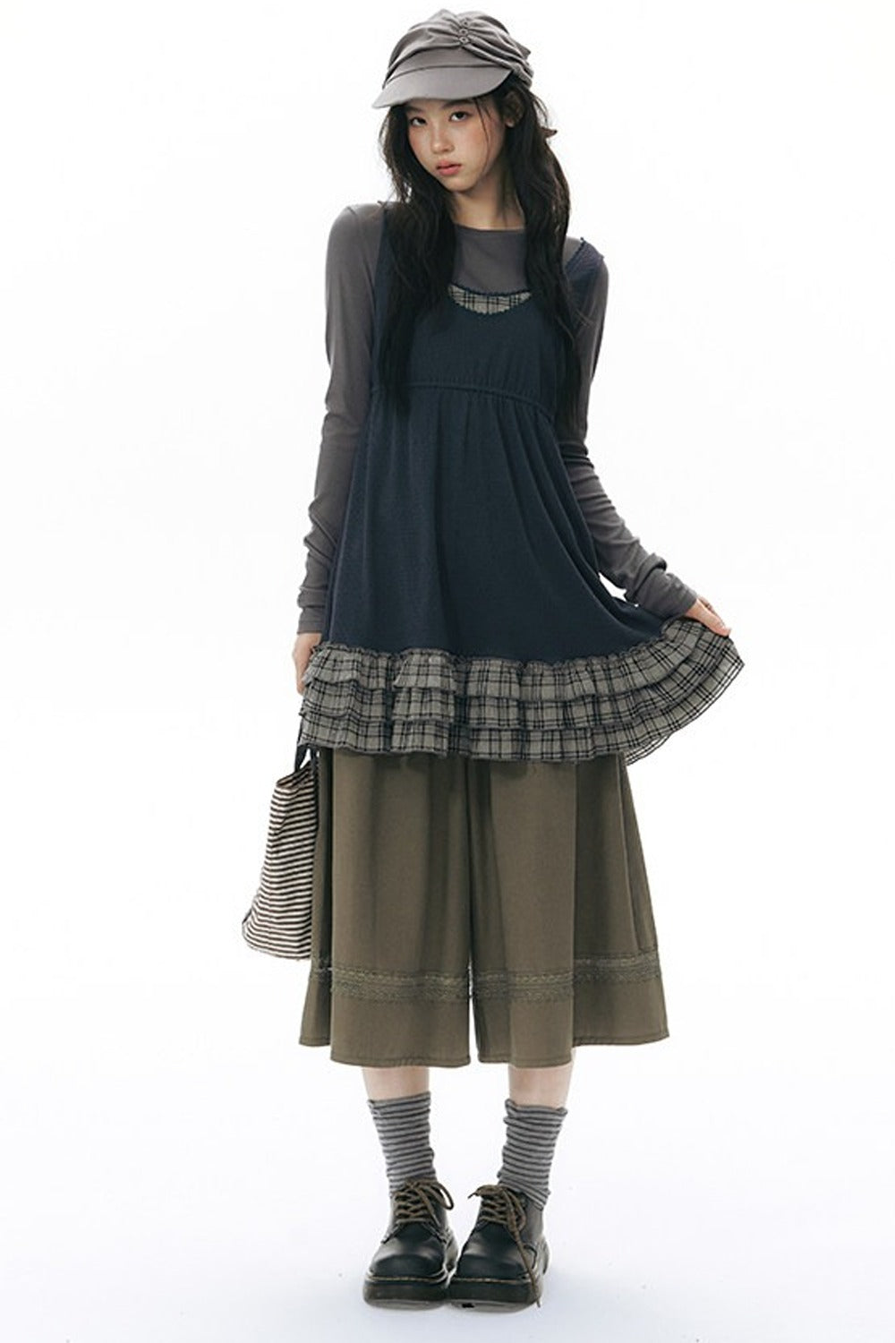 Elastic Waist Patchwork Wide-Leg Skirt Pants