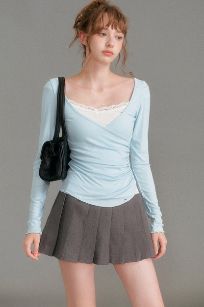Layered-Look Lace Camisole Cross V-Neck T-Shirt