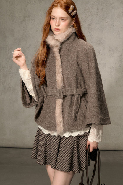 Floral Fur Collar Woolen Cape