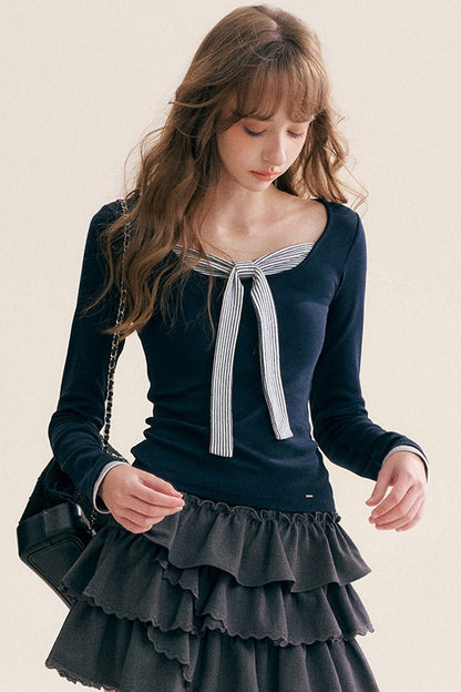 Striped Tie Square Neck Long-Sleeve T-Shirt