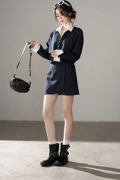 Layered-Look Polo Collar Sweatshirt Dress