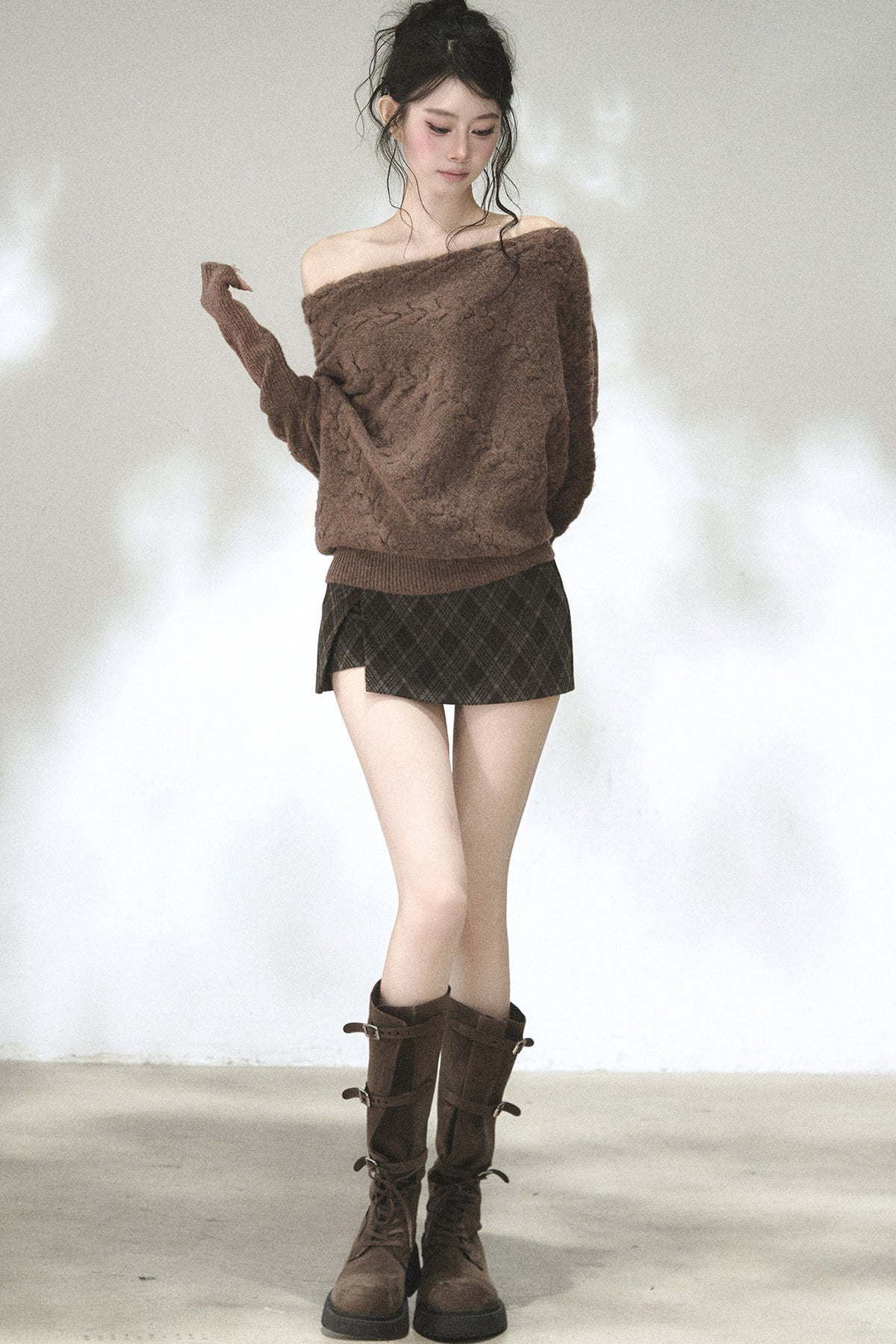 Diagonal Cable Knit Off-Shoulder Sweater
