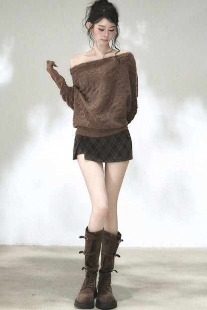 Diagonal Cable Knit Off-Shoulder Sweater