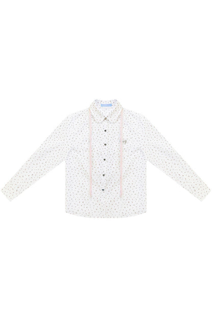 White Floral Lace-Up Doll Collar Blouse