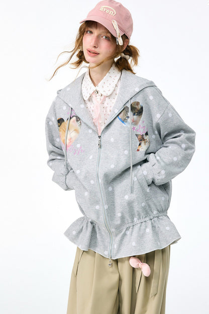 Cat Polka Dot Zipper Hooded Jacket