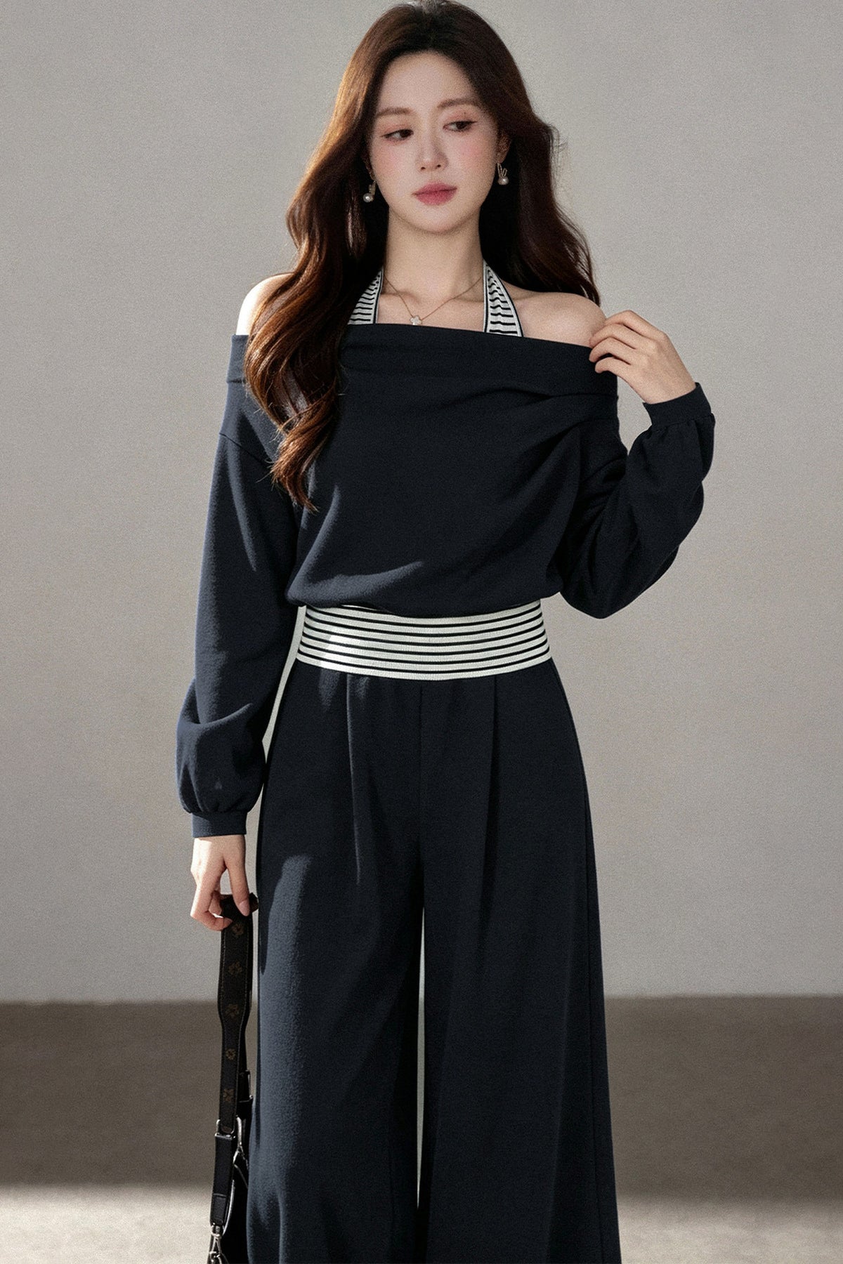 One-Shoulder Striped Sweatshirt and Wide-Leg Pants Set-Up