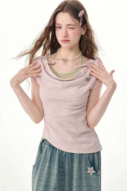 Flared Collar Pink Halter Neck Top