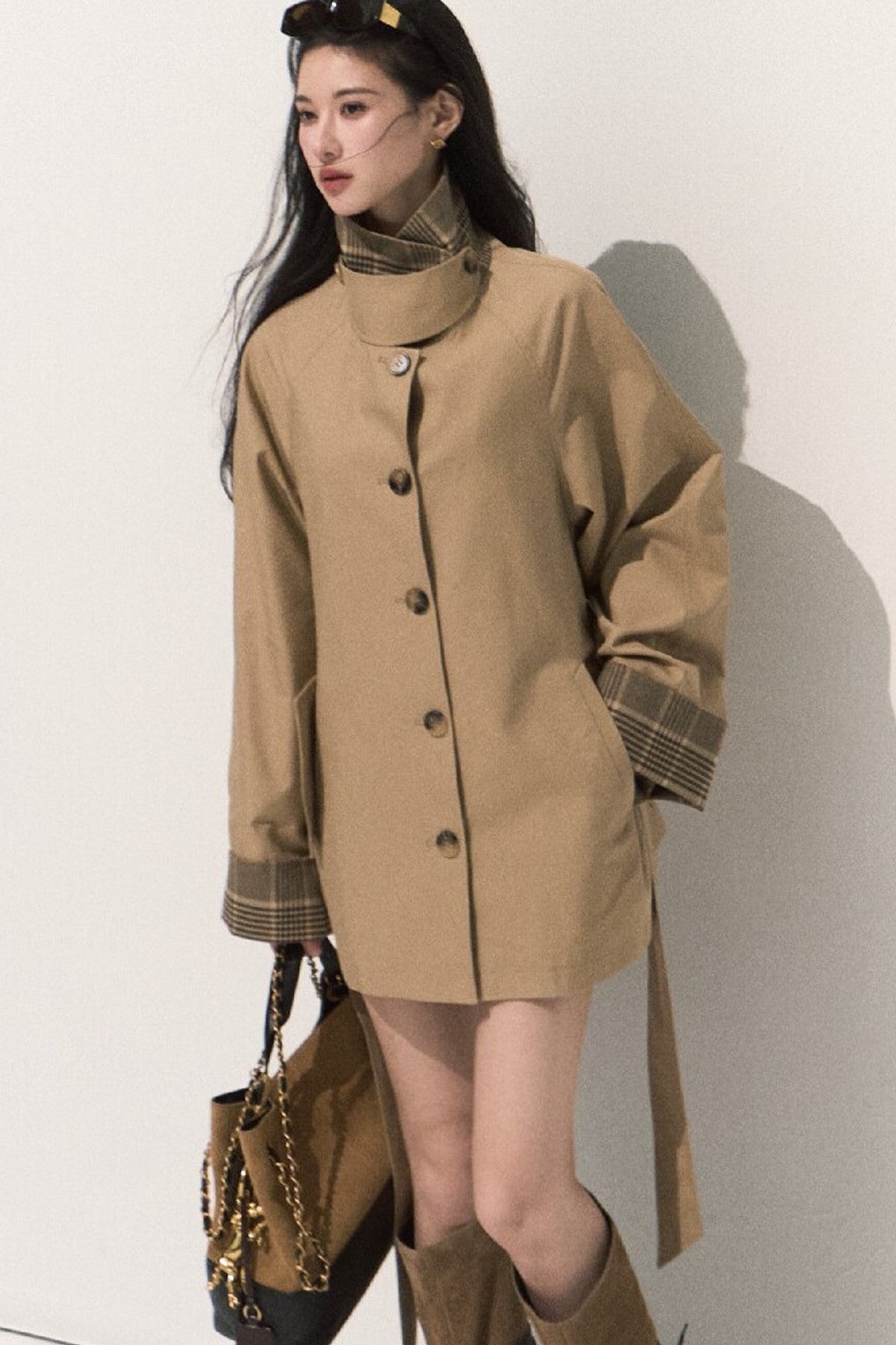 Trench-coat à carreaux à col montant