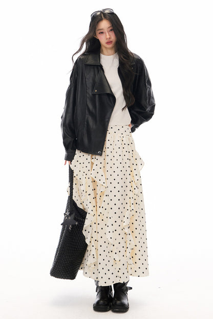 Black PU Lapel Biker Jacket, Polka Skirt and Dress Set-Up
