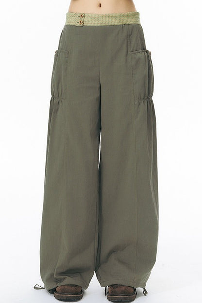 Patchwork Waistband Pocket Wide-Leg Cargo Pants
