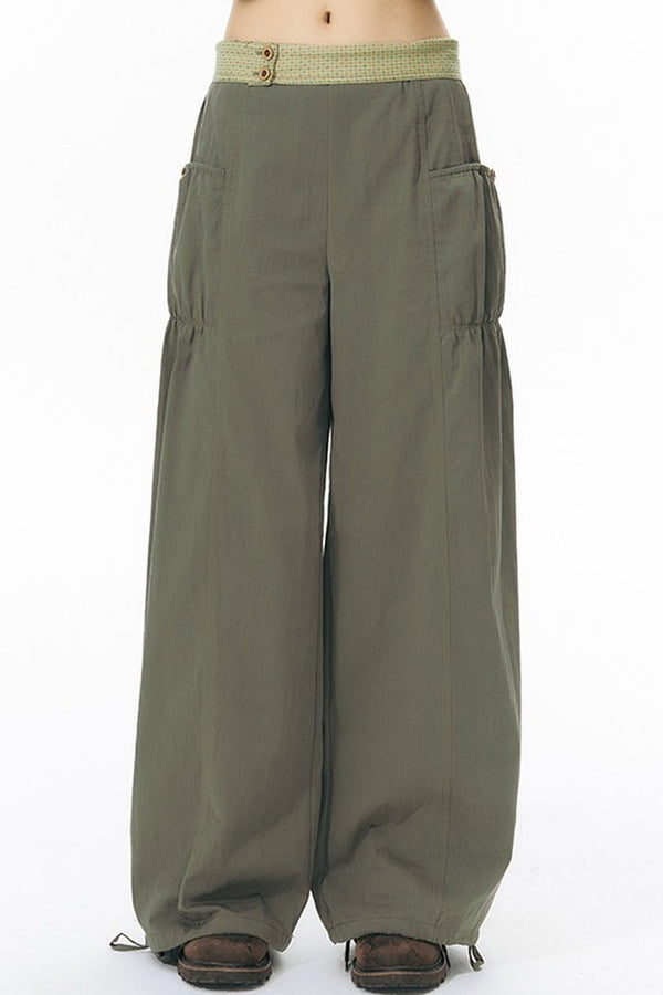 Patchwork Waistband Pocket Wide-Leg Cargo Pants