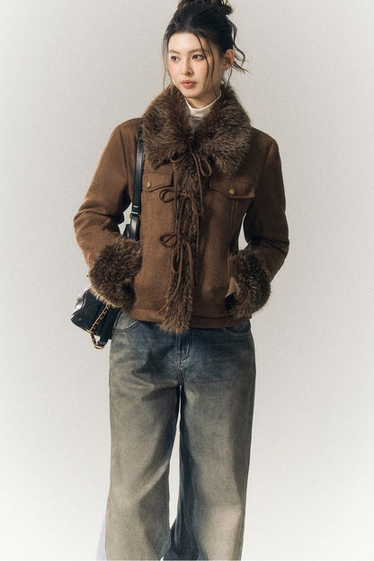 Suede Fur Collar Lace-Up Jacket