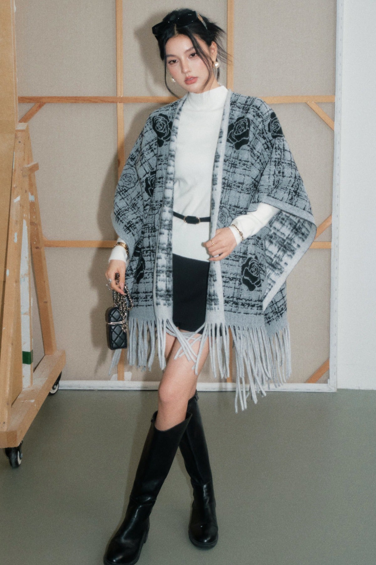 Plaid Rose Tassel Shawl Set-Up