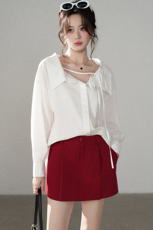 Long-Sleeve V-Neck Shirt and Skirt Set-Up