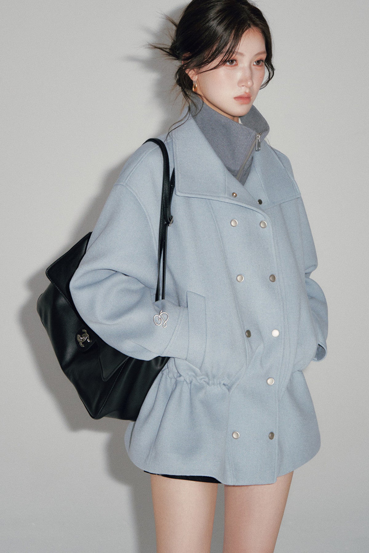 Blue Oversized Dropped Shoulder Double-Breasted Woolen Jacket