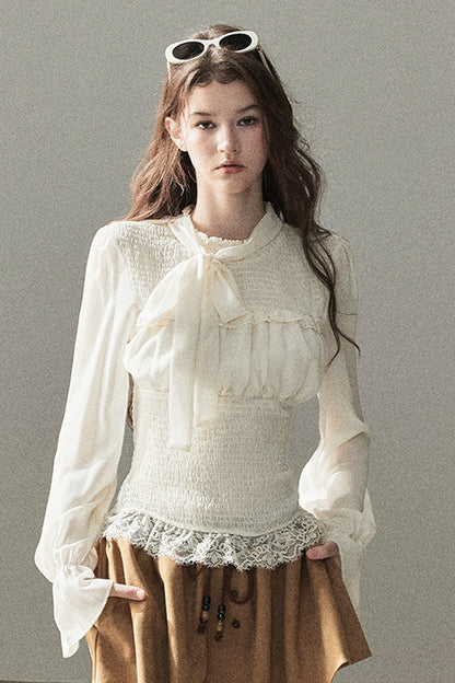 French Court Style Long-Sleeved Lace Chiffon Blouse