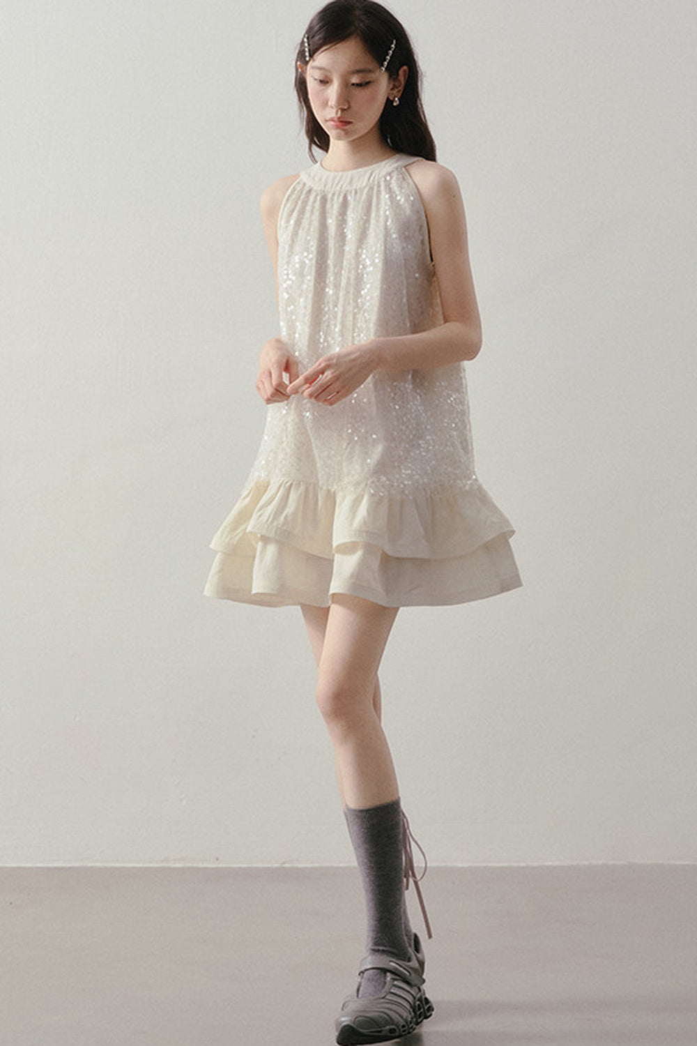 Sequin Halter A-Line Ruffle Short Dress