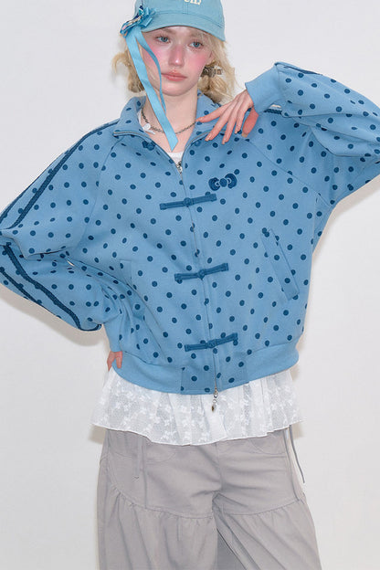 Blue Polka Dot Zipper Hoodie Jacket